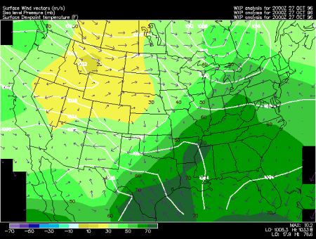 Current Dew Point Map Dew Point Contours And Wind Vectors: Regional Mode